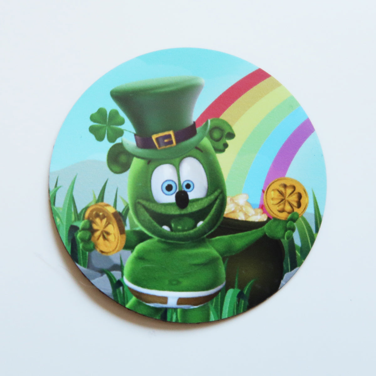 Gummibär (The Gummy Bear) St. Patrick's Day 2" Round Vinyl MAGNET ~ Rainbow Leprechaun Pot Of Gold