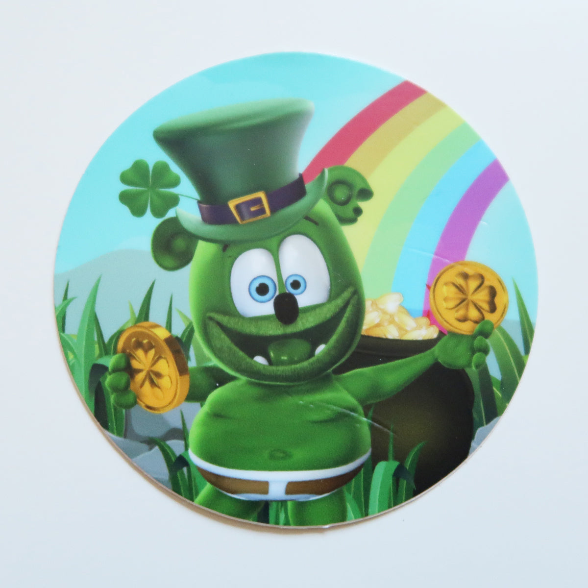 Gummibär (The Gummy Bear) St. Patrick's Day 3" Round Vinyl Sticker ~ Rainbow Leprechaun Pot Of Gold